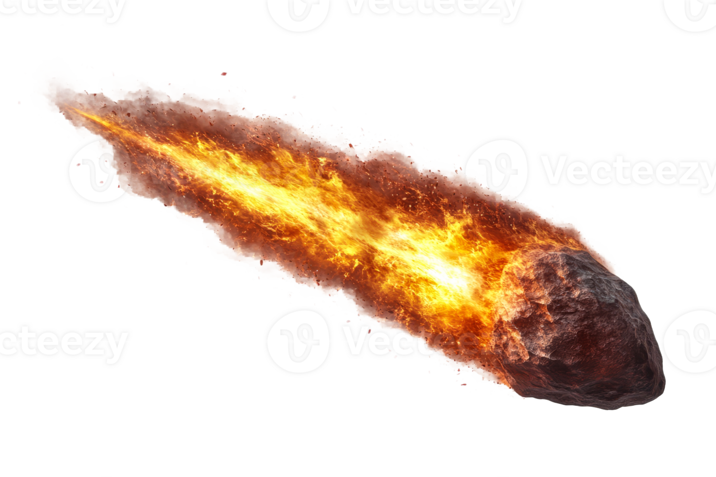 Meteor streaking through the night sky with flames png