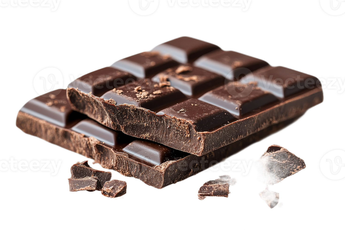 Dark chocolate bar with broken pieces on display png