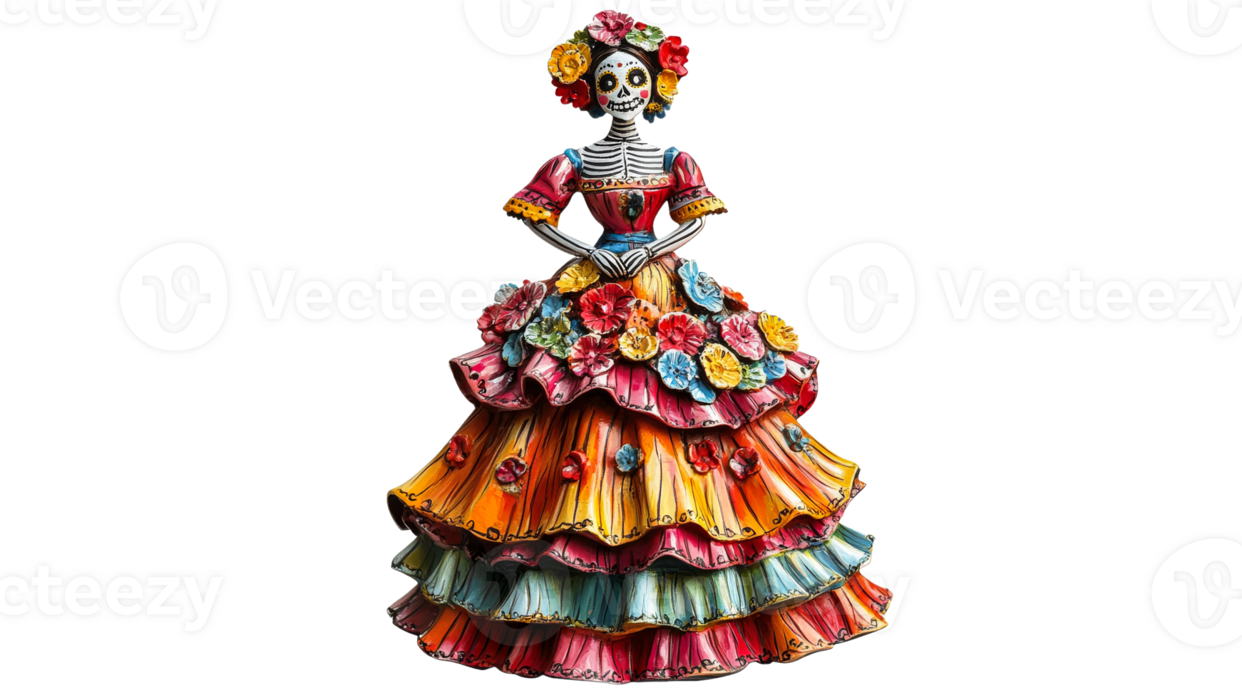 Colorful skeleton with flowers and ruffles png