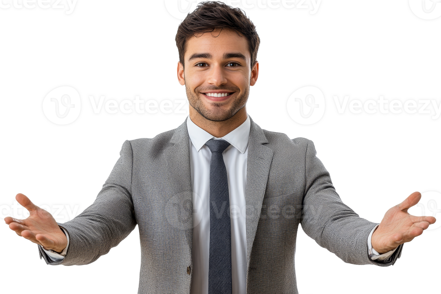 Smiling man in gray suit, open arms png