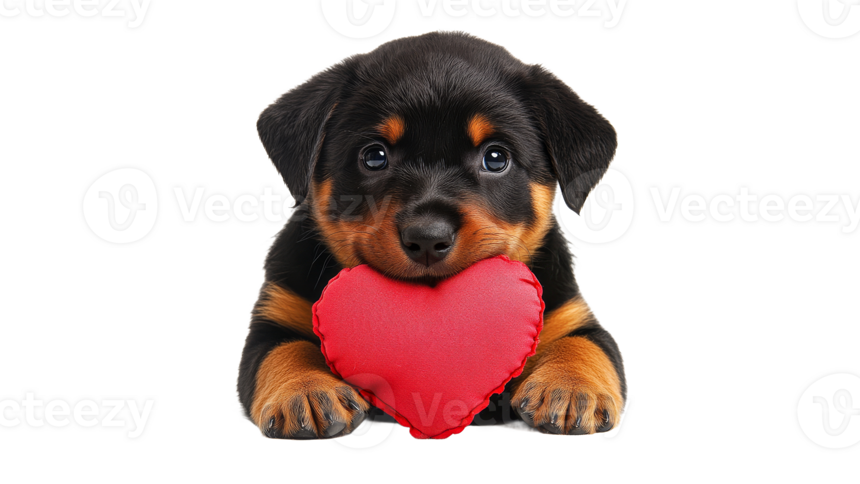 Cute puppy holding a red heart plush toy png