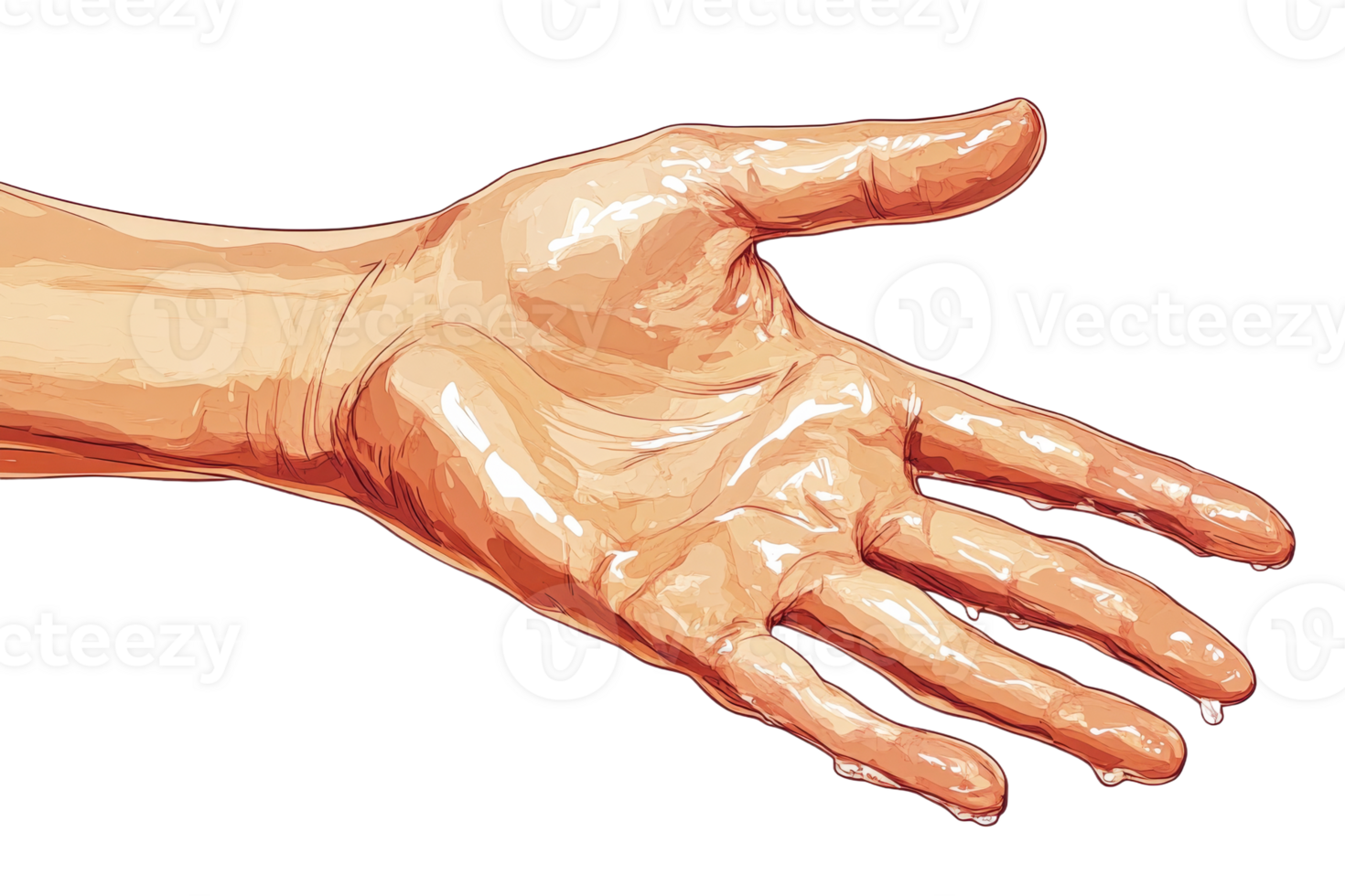 Hand covered in liquid glistens under light png