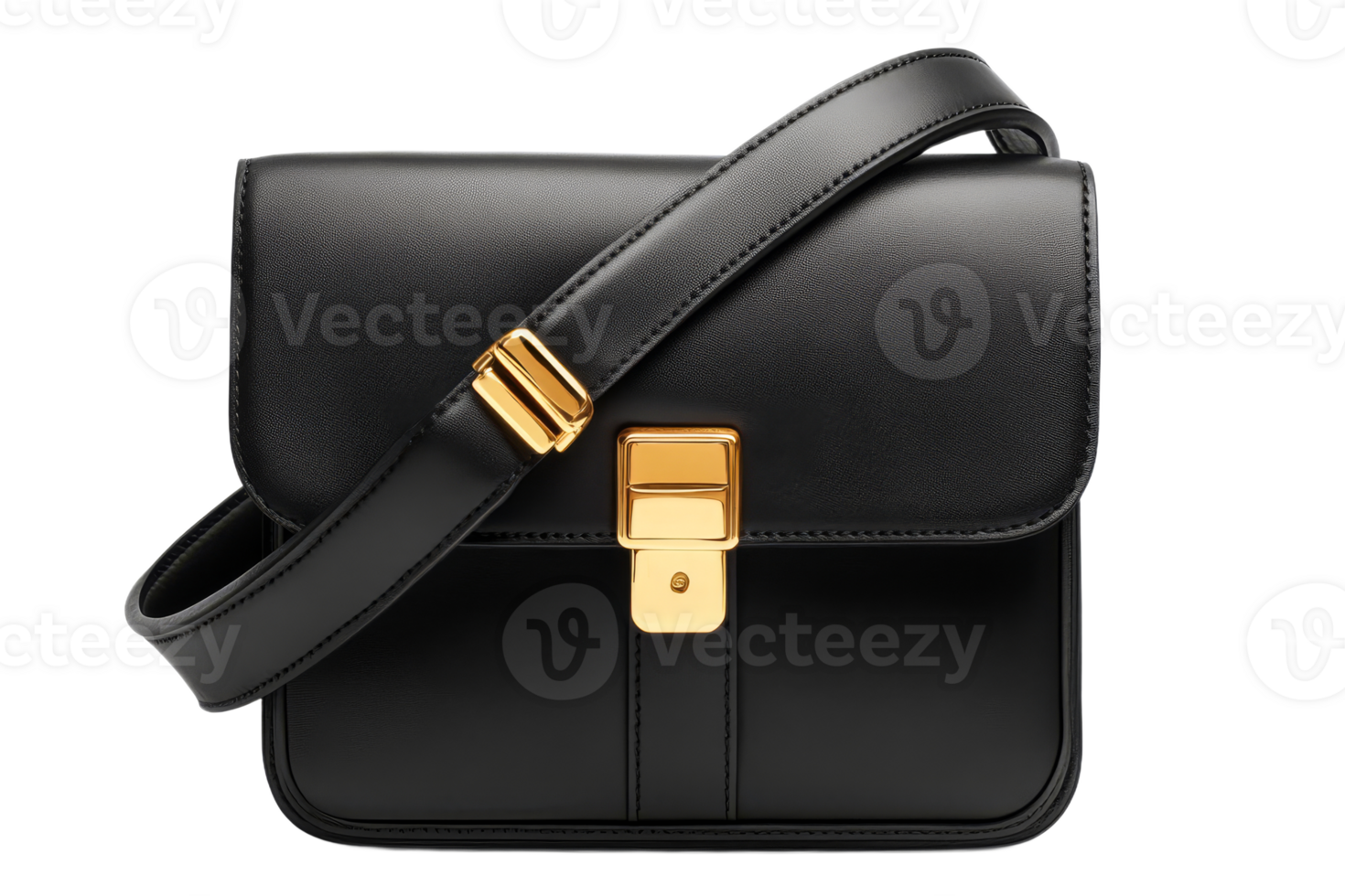 Stylish black handbag with gold clasp and strap png