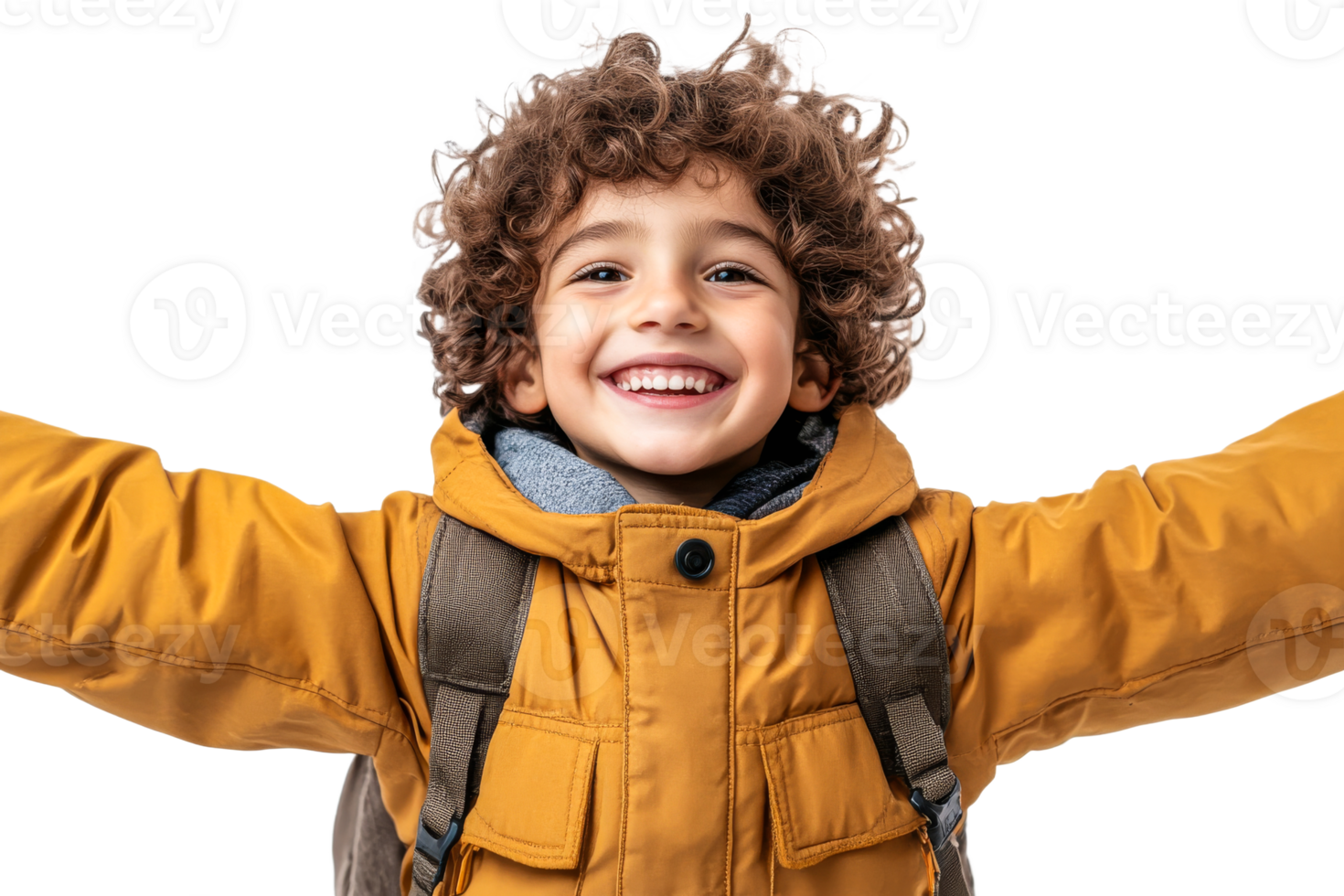 Happy child with curly hair wearing yellow coat png