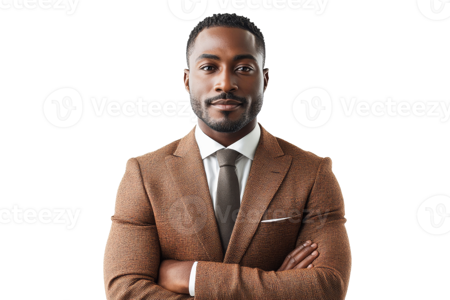 Stylish man in brown suit poses confidently png