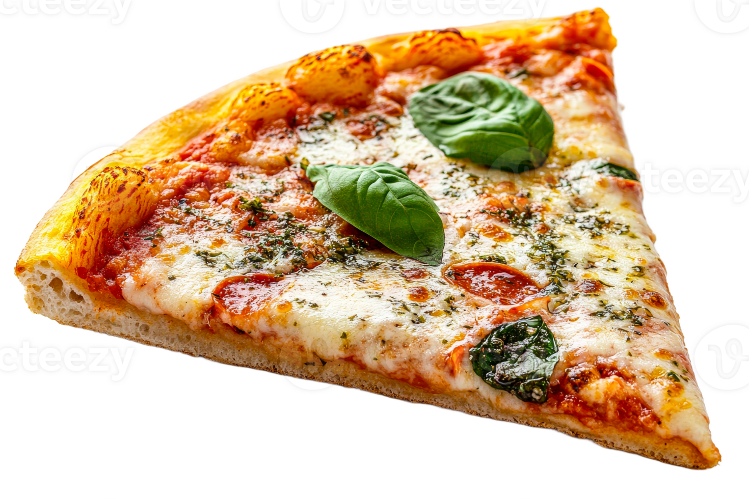 Cheesy pizza slice with fresh herbs and toppings png