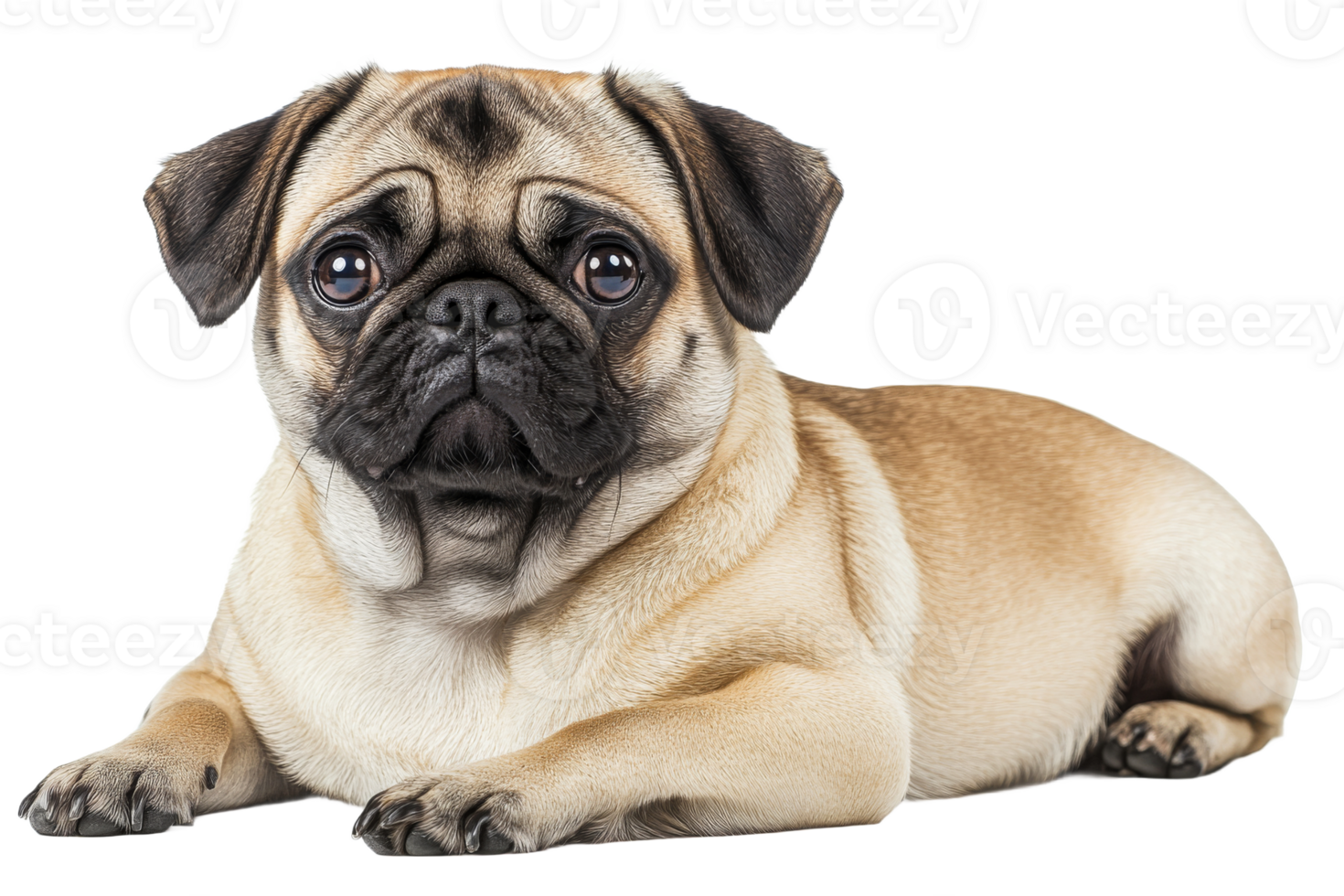 Pug lounging comfortably on a white background png