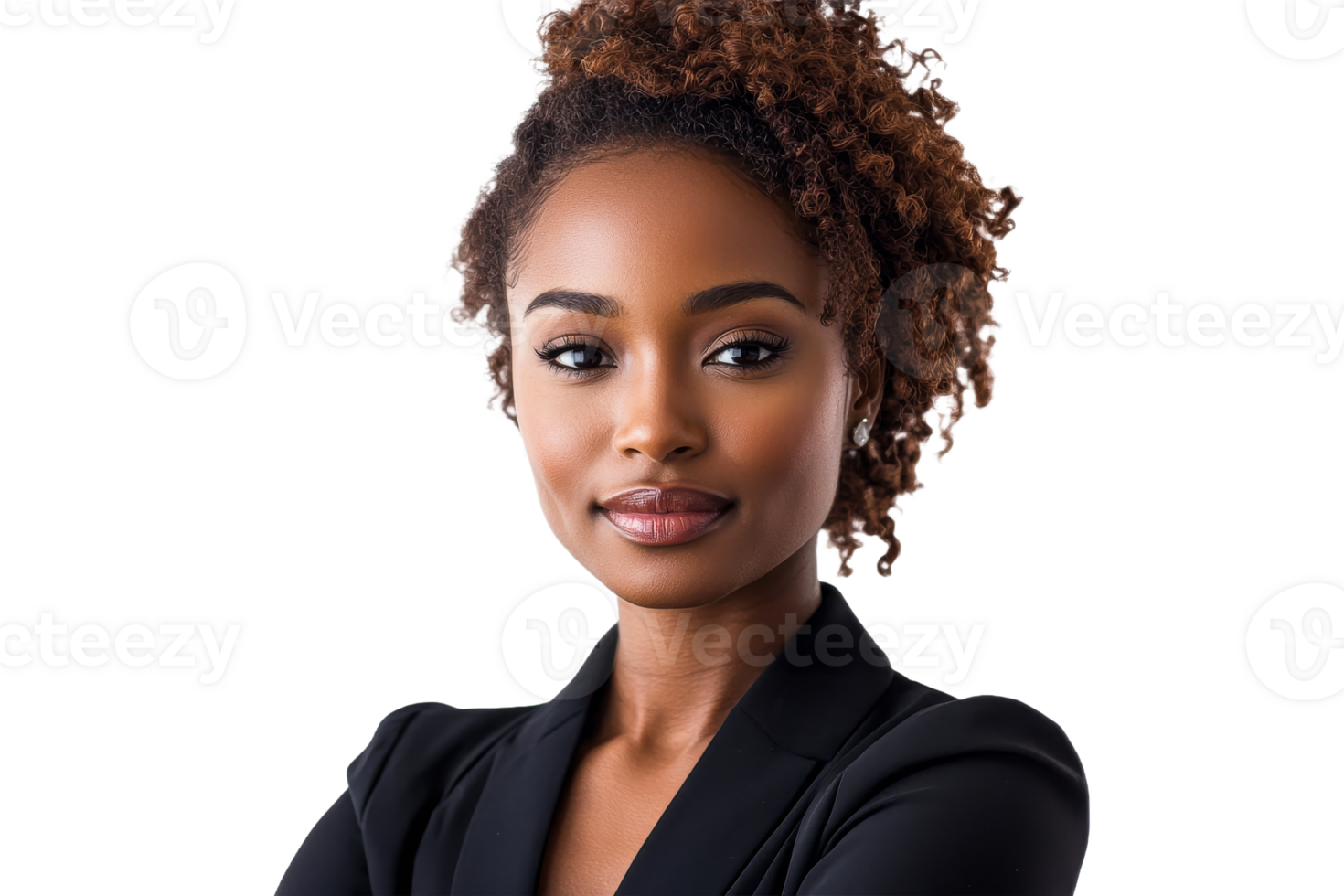 Confident woman in formal attire poses png
