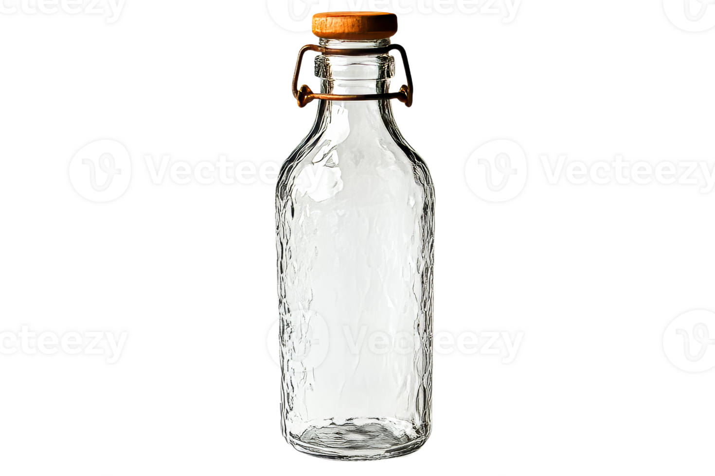 Clear glass bottle with wooden cap for storage png