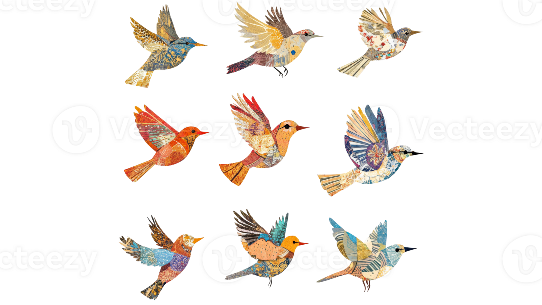 Colorful birds in a vibrant collage design png