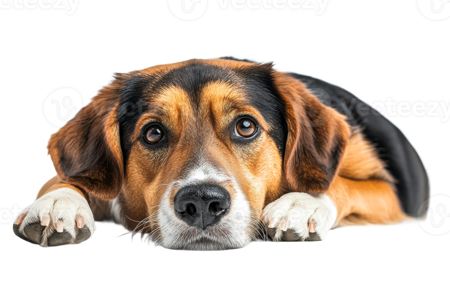Playful beagle resting on a white surface png