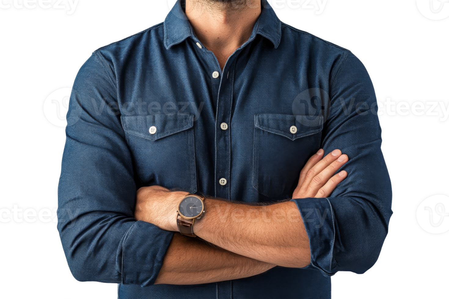Man in a denim shirt with a watch on wrist png
