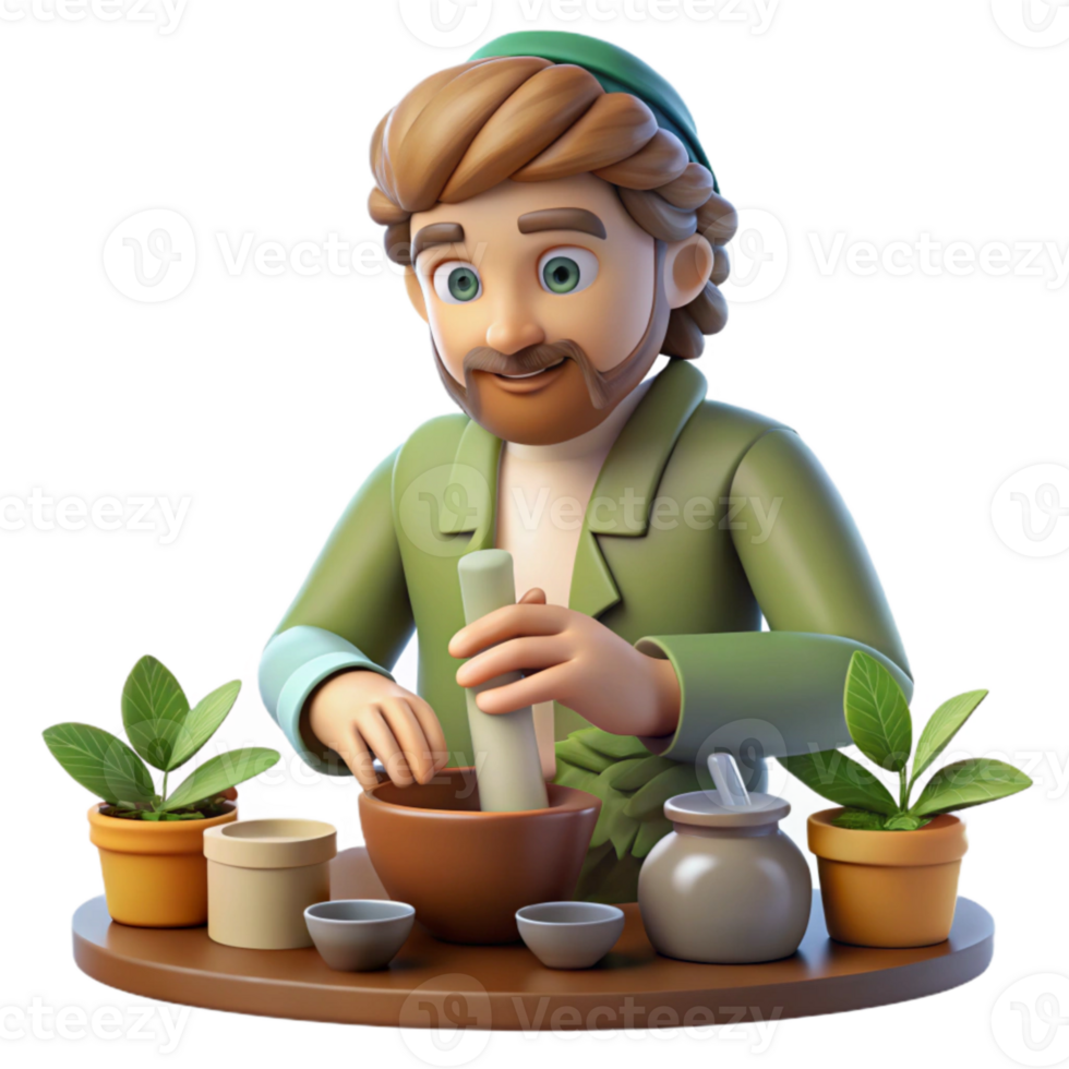 serene minimalist Herbalist Preparing Remedies Isolated detailed png