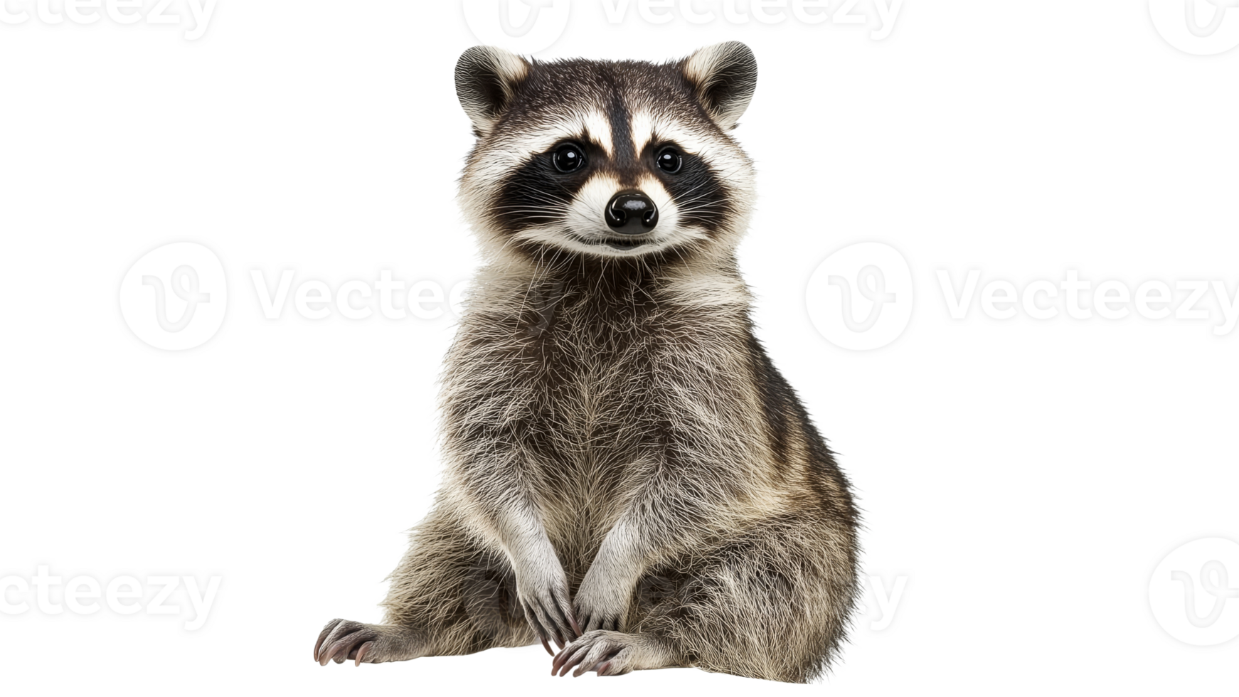 Raccoon sitting calmly against a white backdrop png