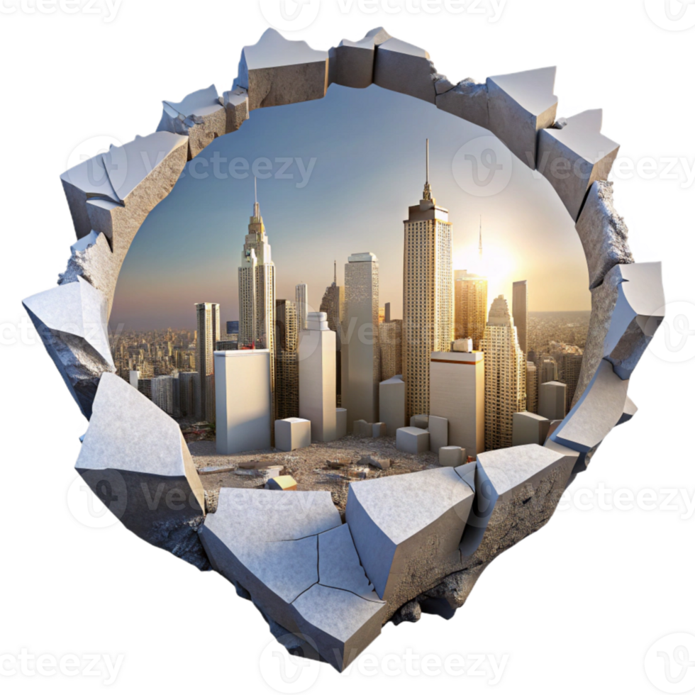 dramatic abstract Hidden City Skyline Through Cracked Ceiling Isolated Element premium png