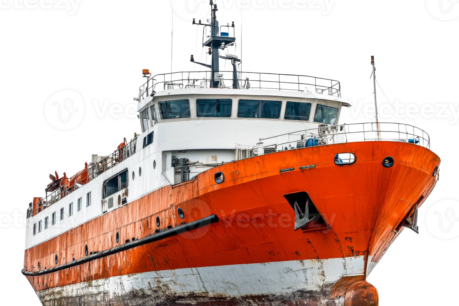 Large orange ship docked on a calm day png