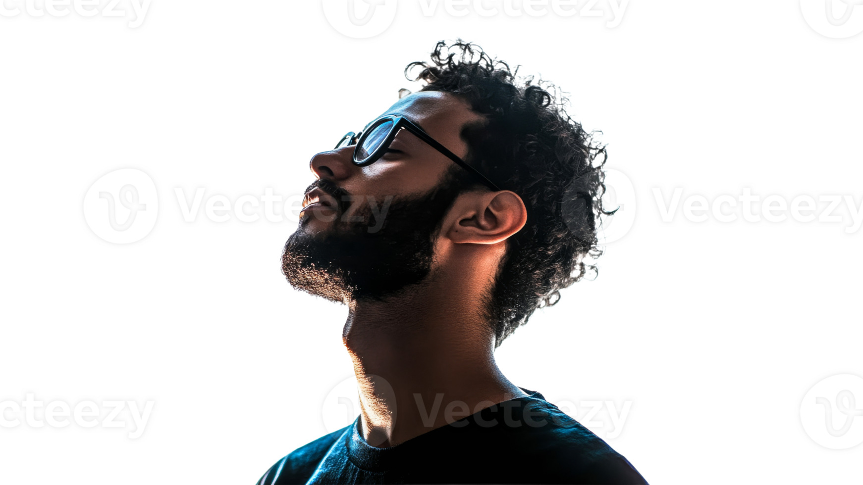 Curly haired man in glasses gazes at sunset png