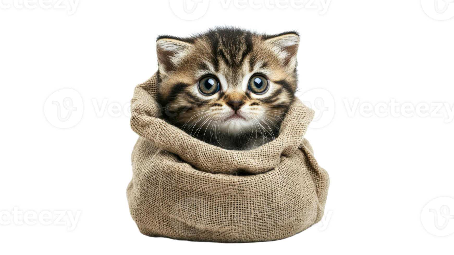 Cute kitten peeking out of a burlap sack png