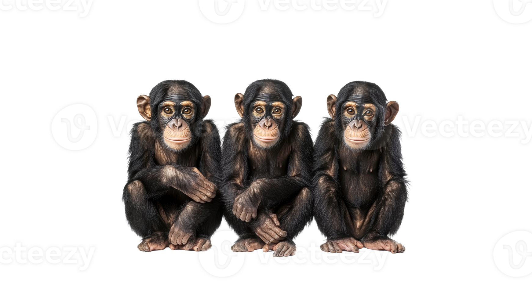 Three young chimpanzees sitting together indoors png