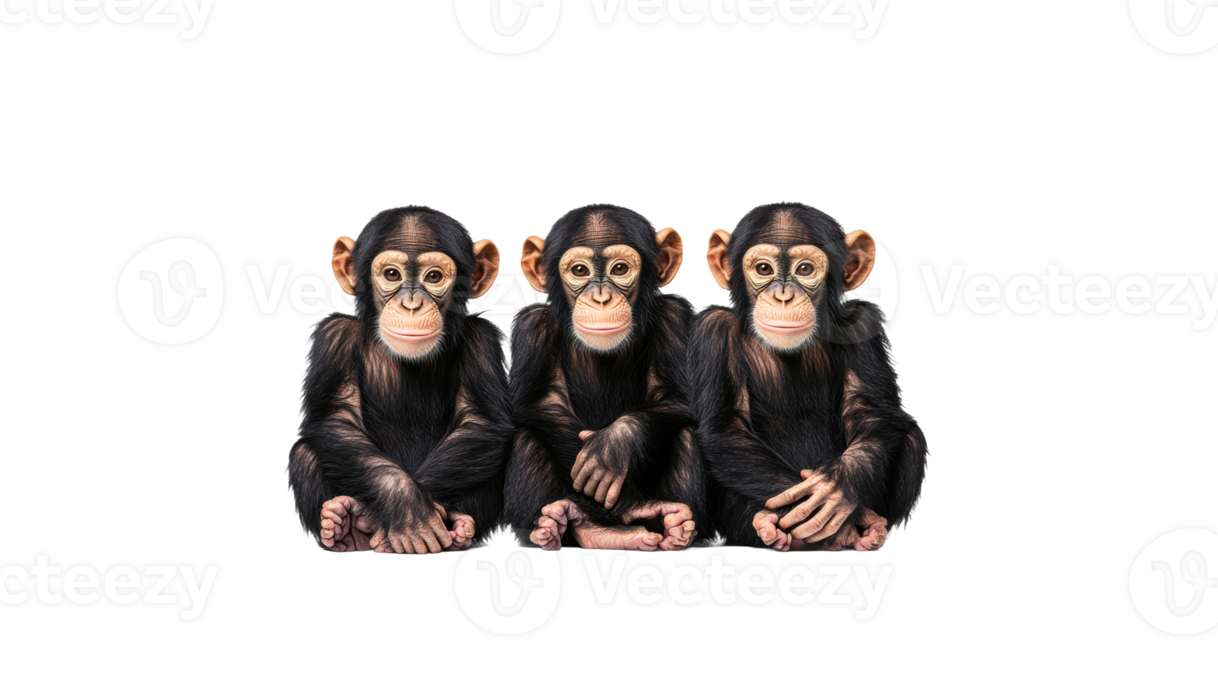 Three young monkeys sit together in a row png