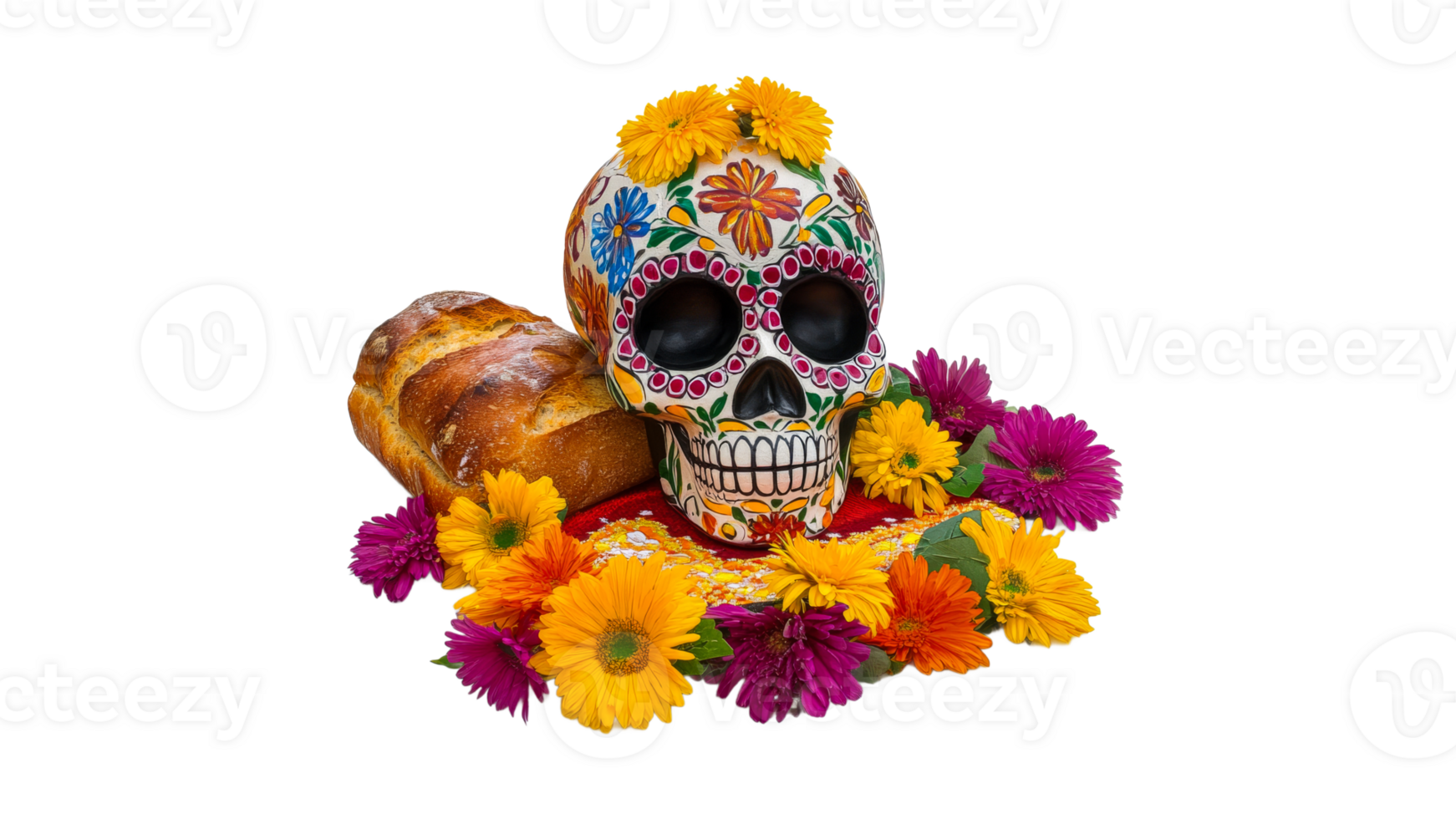 Colorful sugar skull with bread and marigolds png