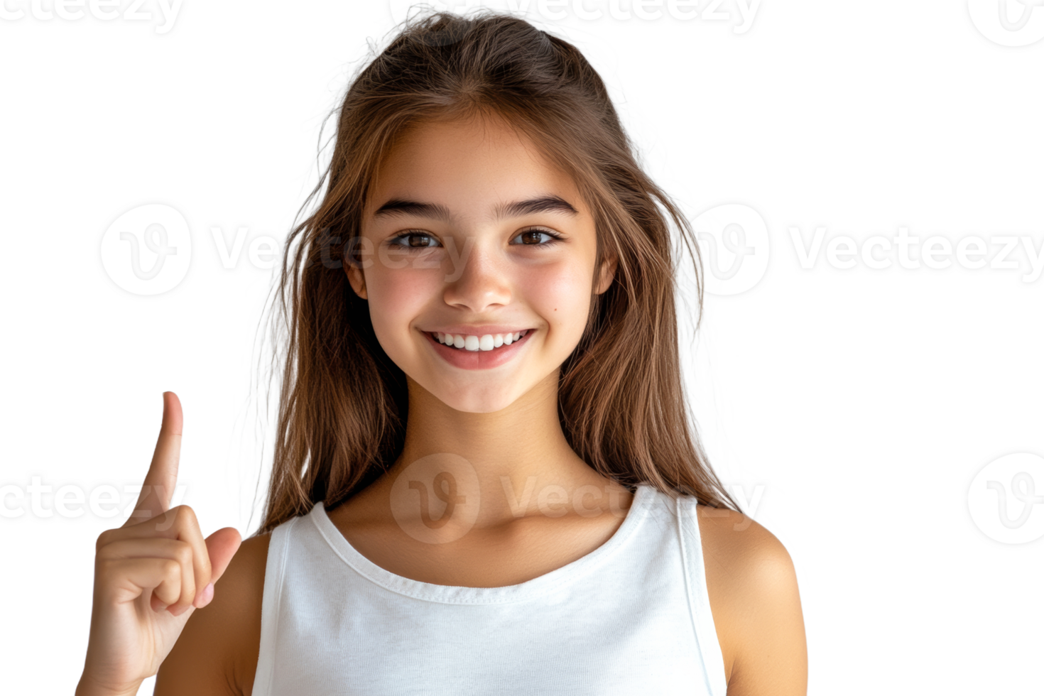 Cheerful girl with long hair smiling and gesturing png