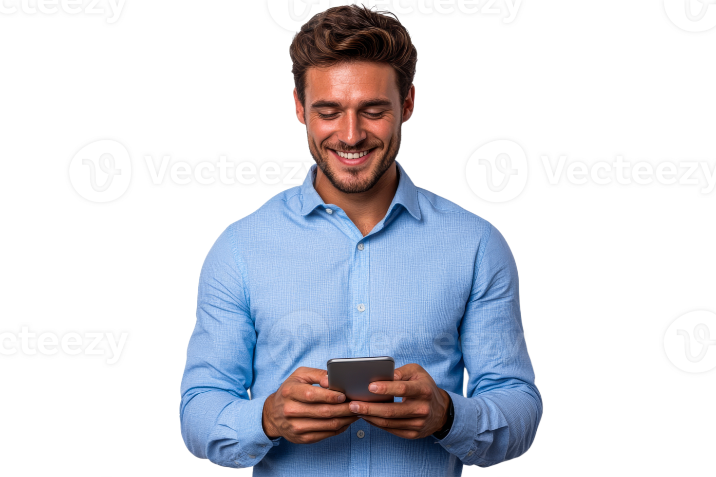 Young man smiling while using a smartphone indoors png