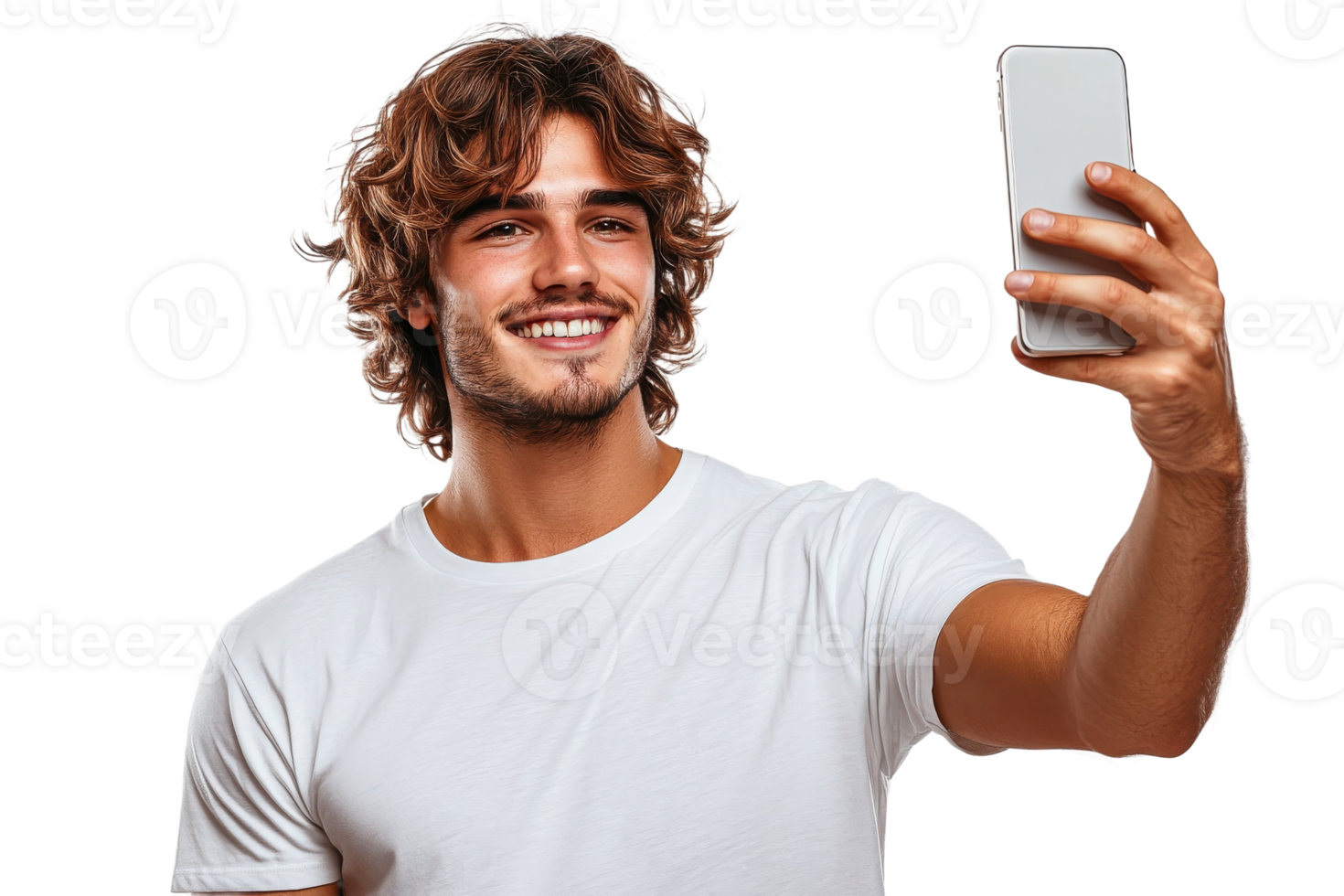 Young man taking a selfie with a smartphone png
