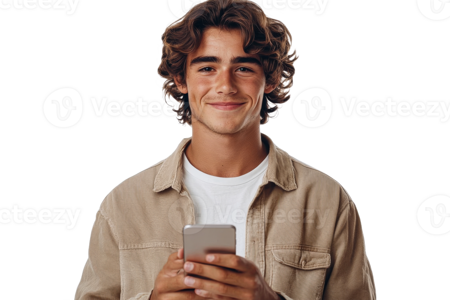 Young man smiling while using a smartphone png