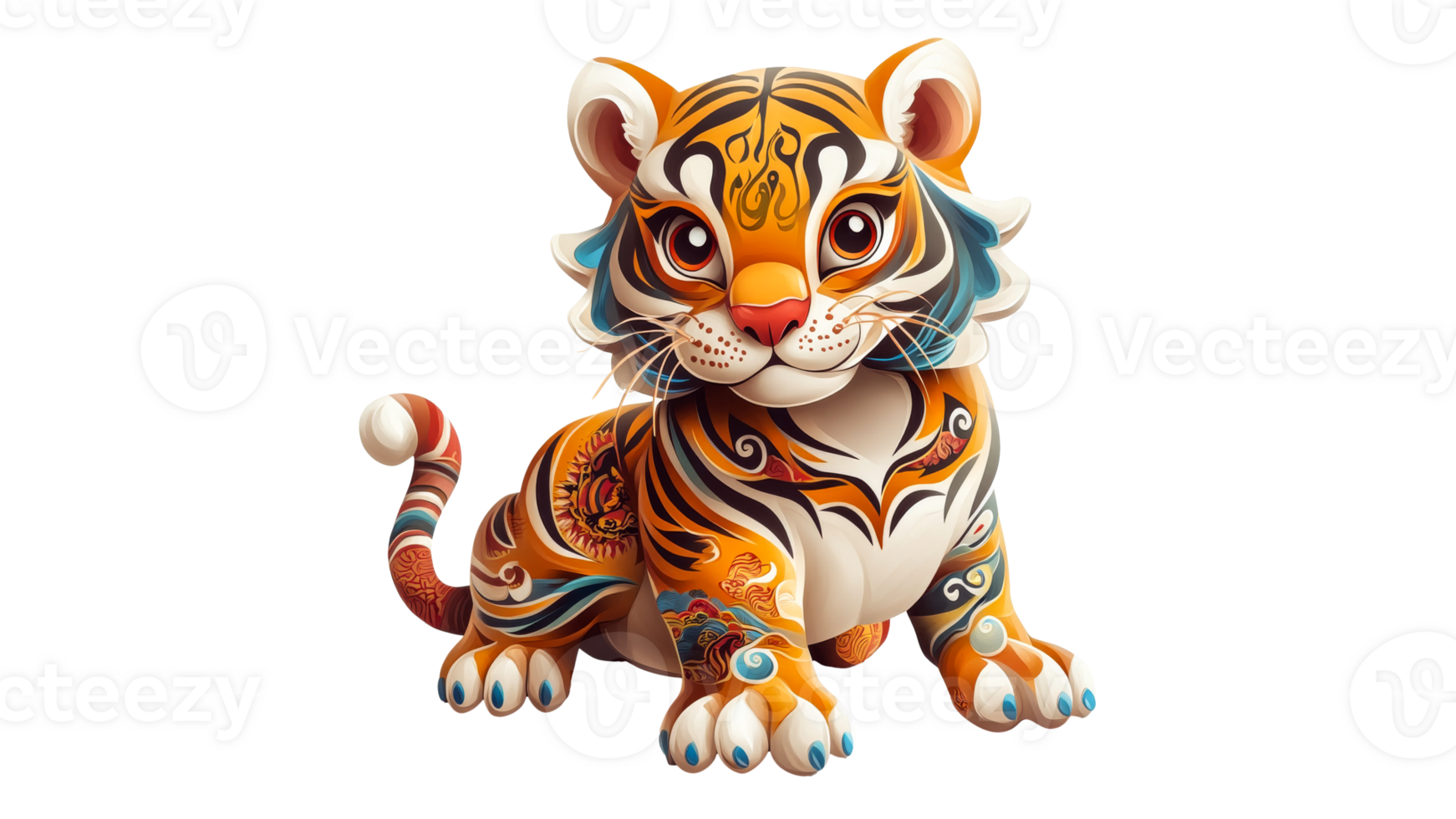 Colorful tiger illustration with intricate designs png