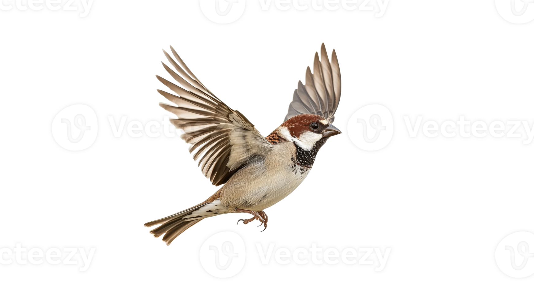 Sparrow in mid flight against a white background png