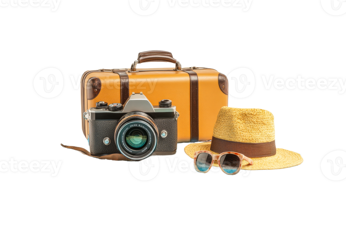 Vintage camera and travel accessories on display png