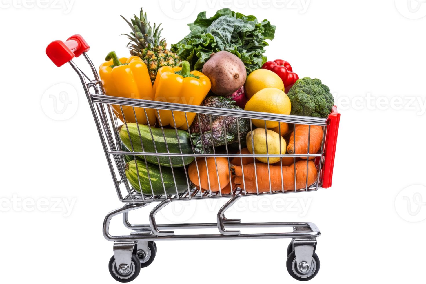 Fresh produce in a shopping cart at a market png