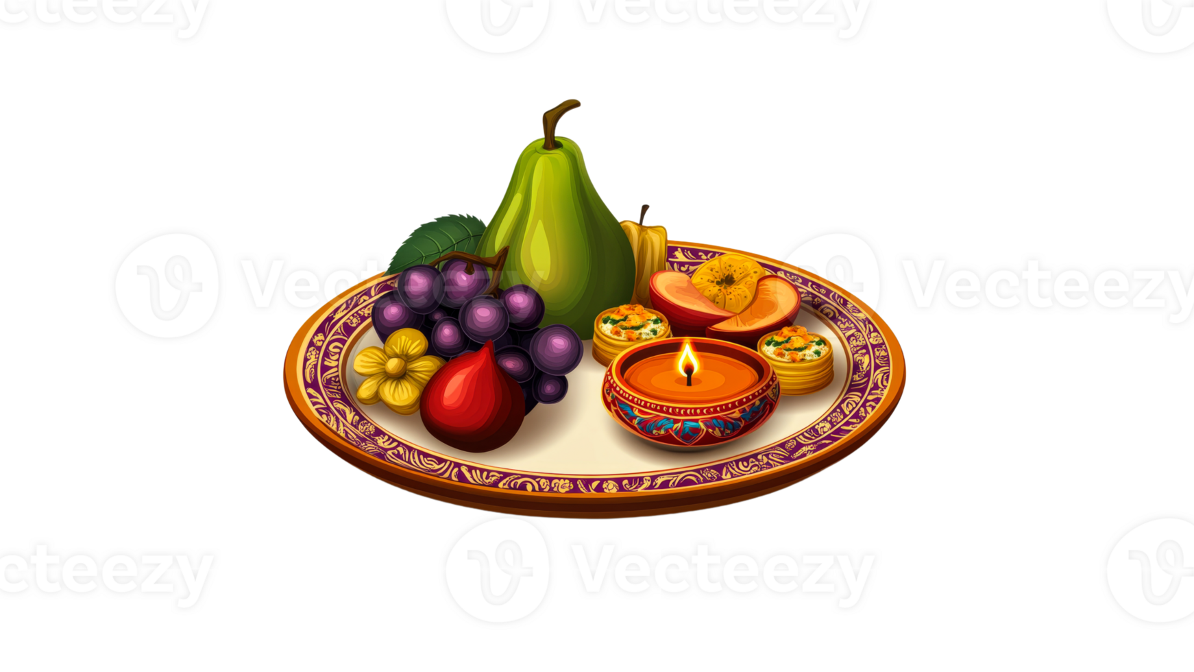 Fruit and decorative items on a traditional plate png