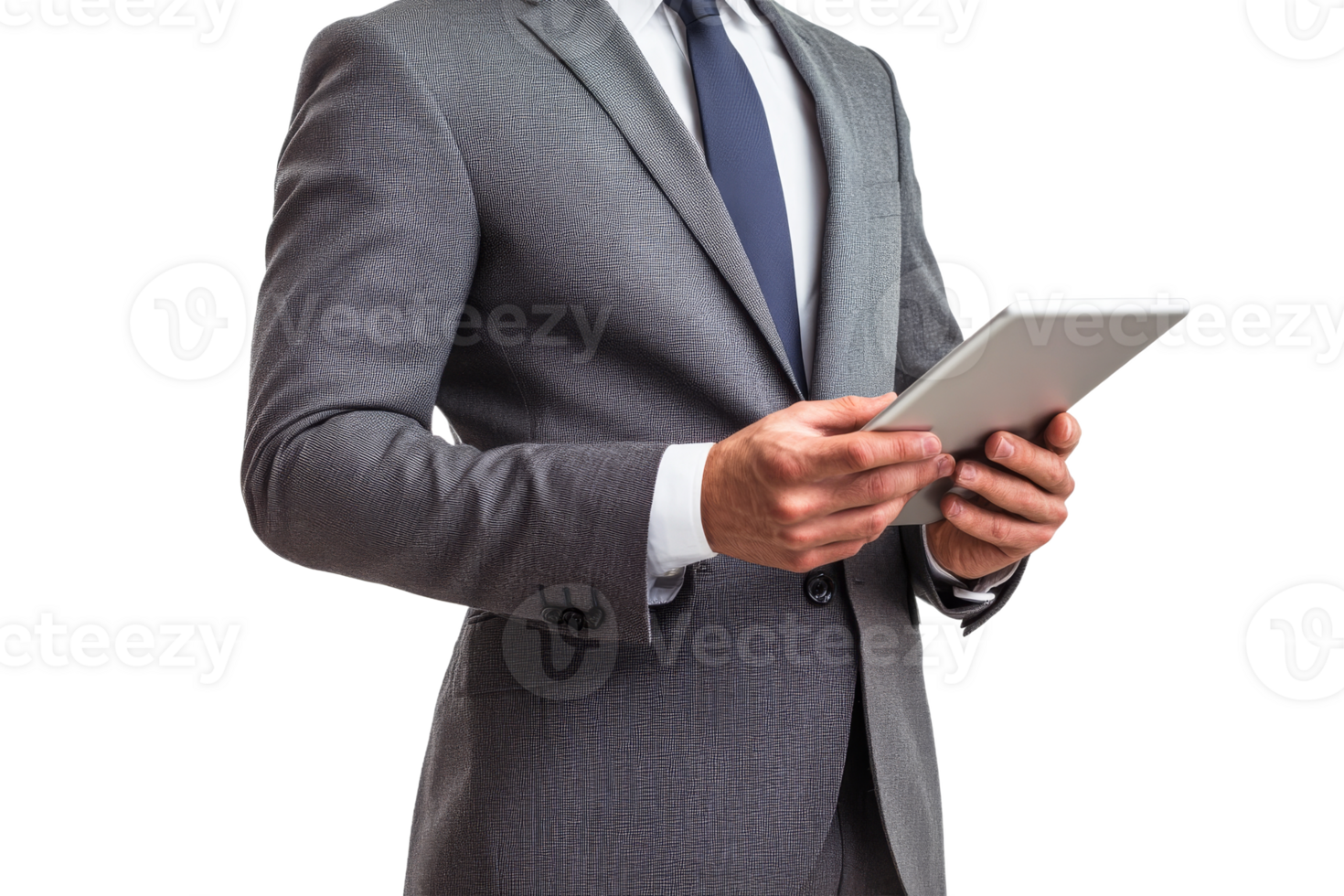 Business professional uses tablet in formal attire png