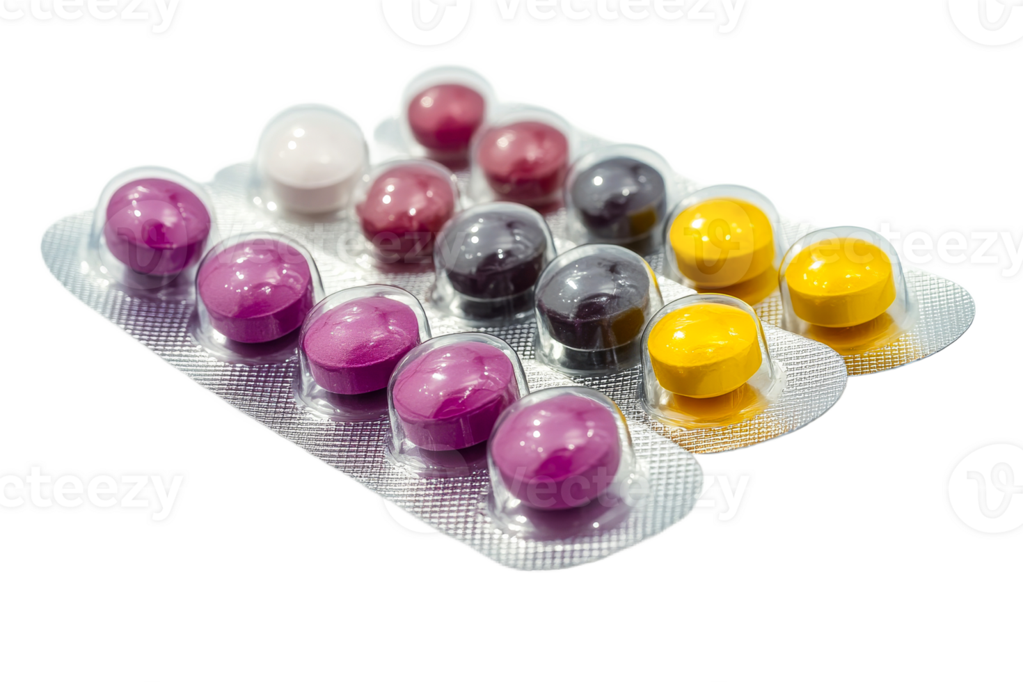 Colorful capsules arranged in a neat tray png
