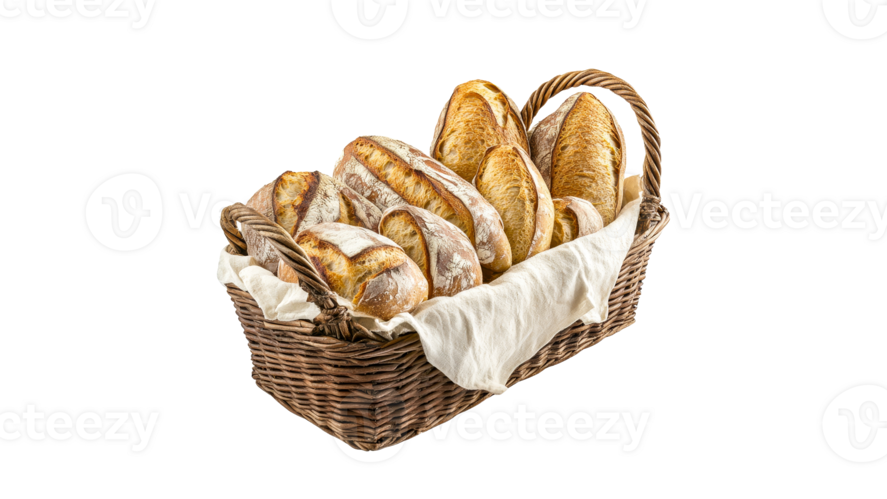 Freshly baked loaves arranged in a wicker basket png