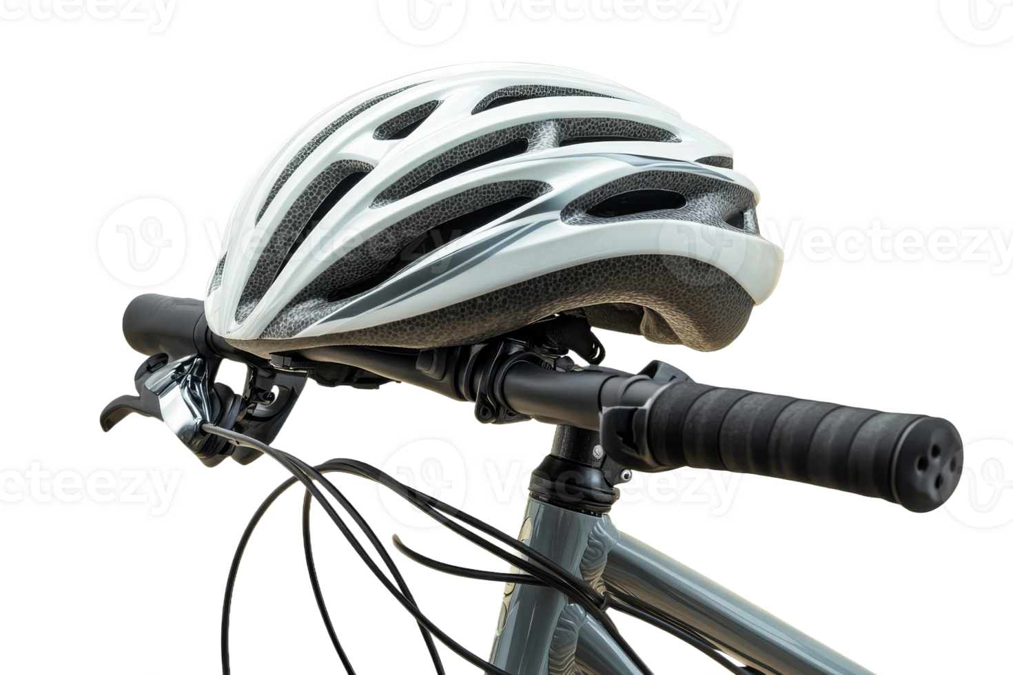 Bicycle helmet and handlebars on a grey bike png