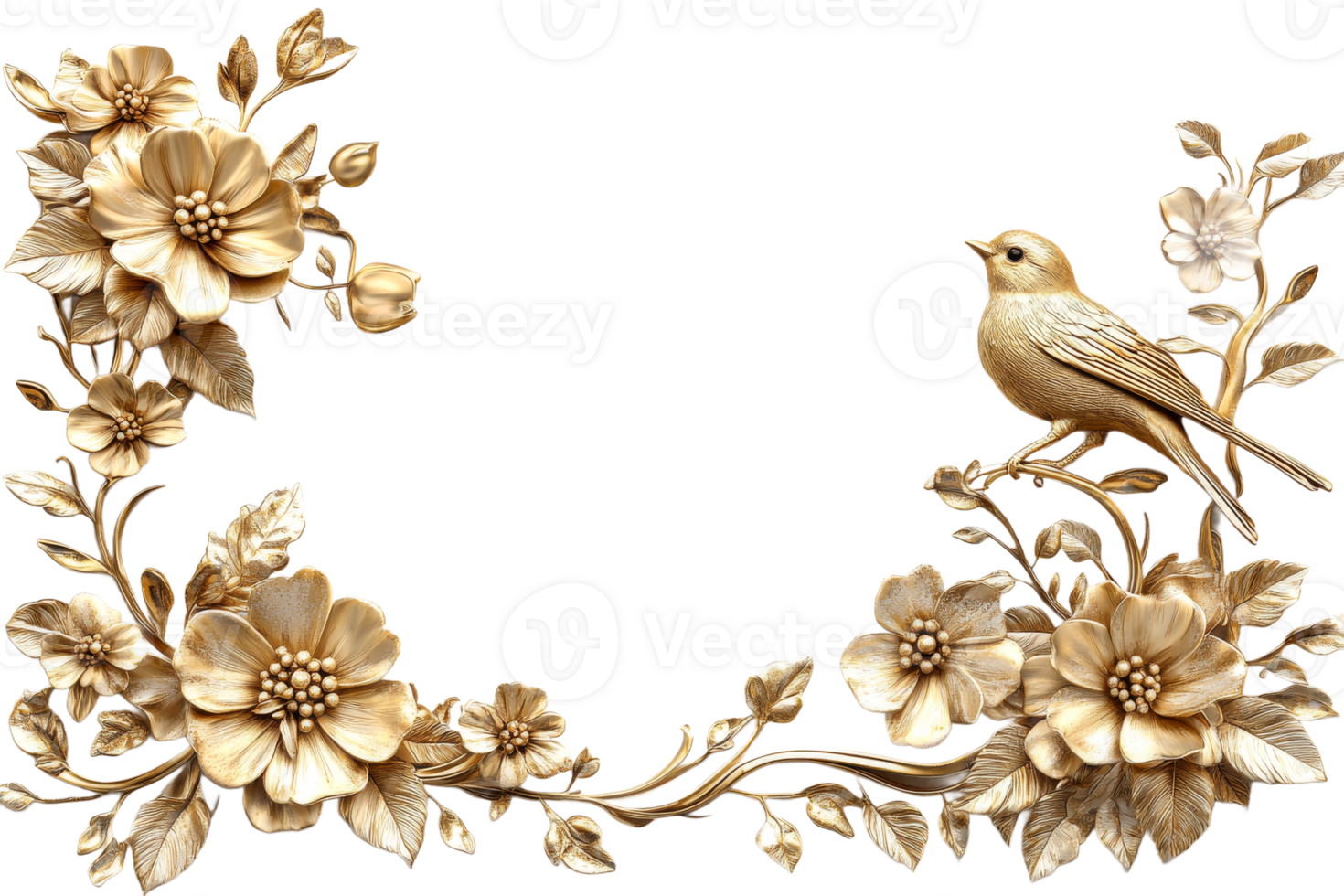 Golden bird surrounded by floral design elements png