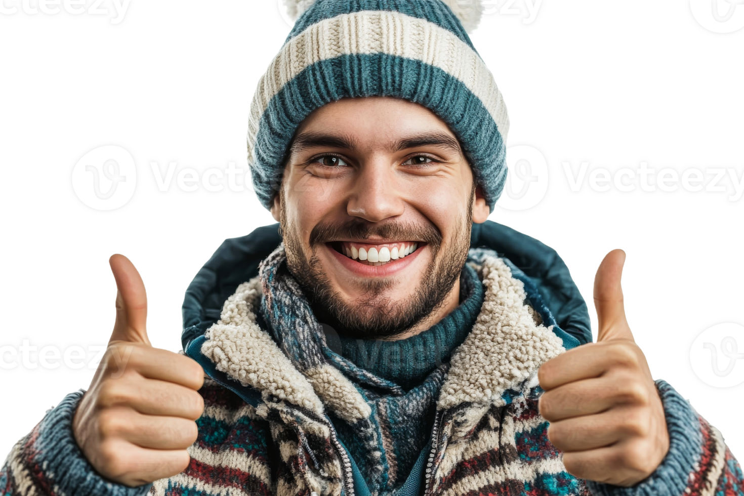 Smiling man gives thumbs up in winter attire png