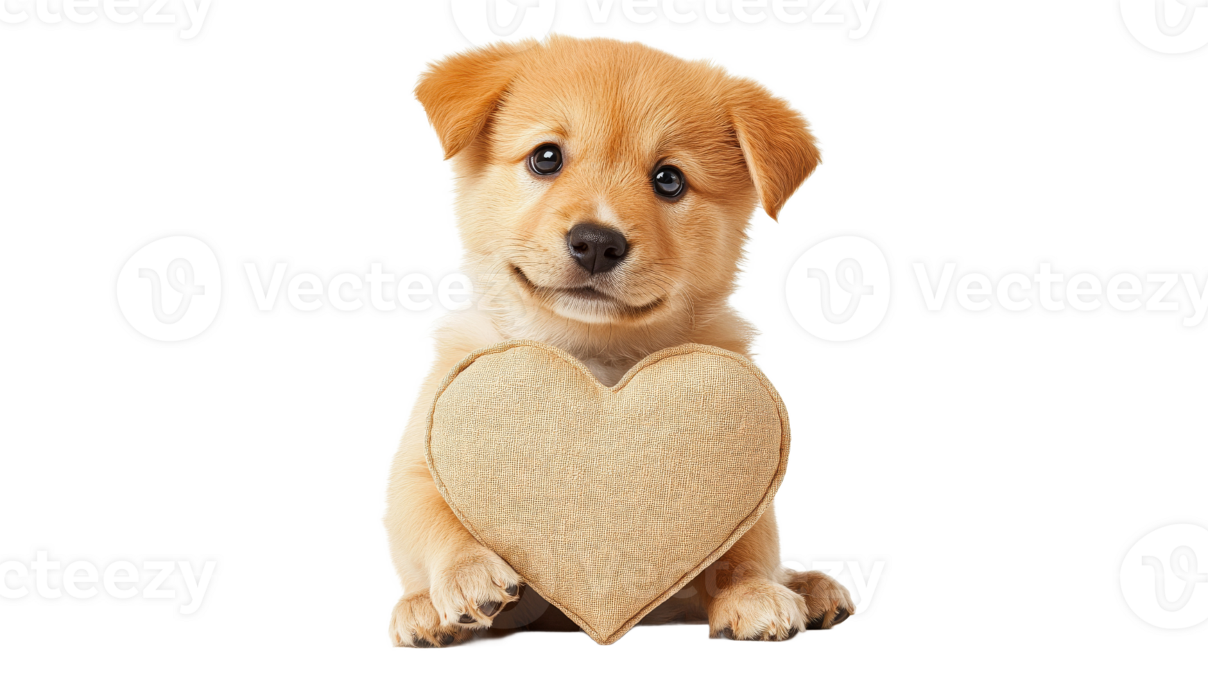 Cute puppy holding a heart shaped pillow png
