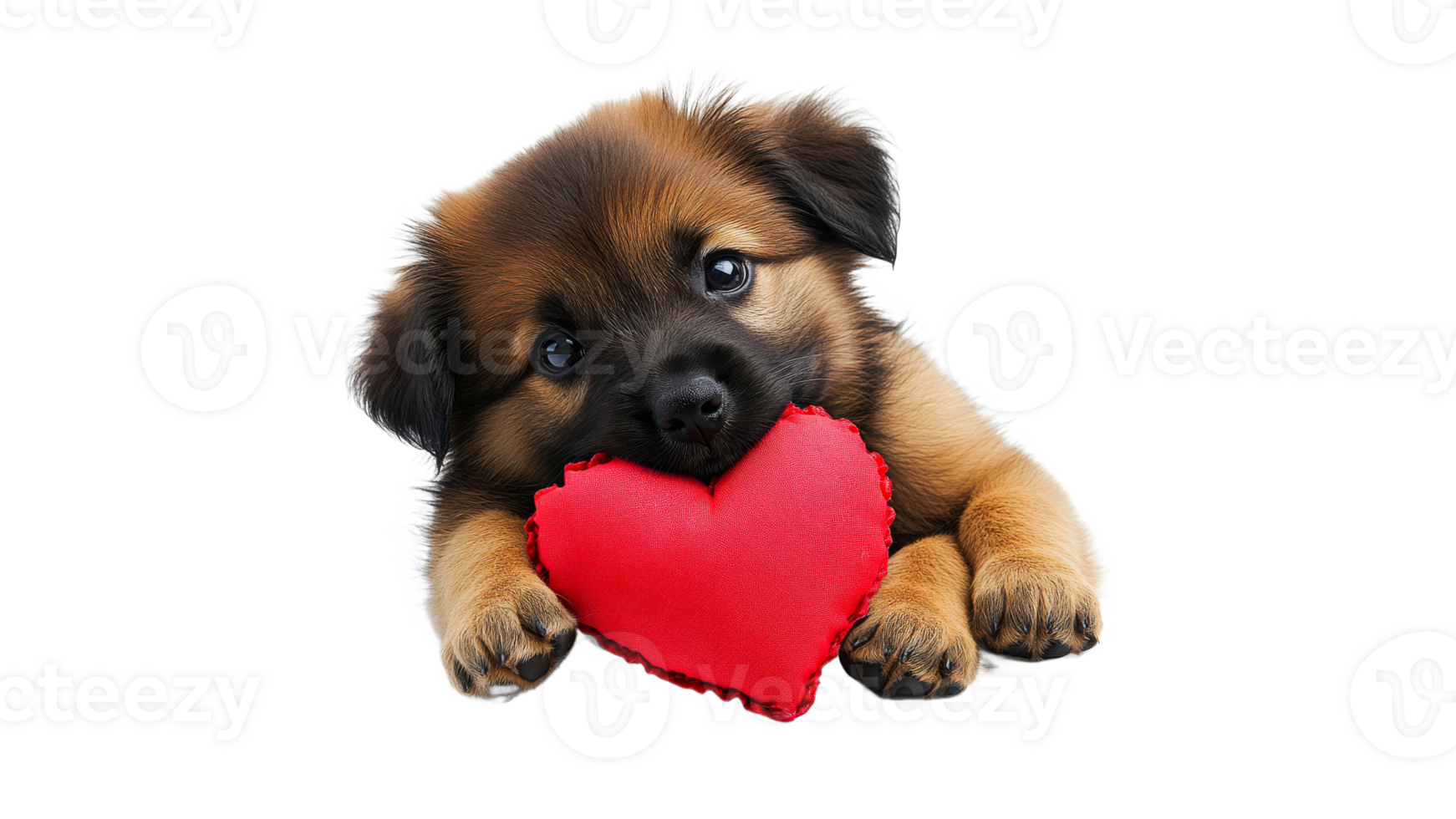 Adorable puppy holds a plush heart toy png