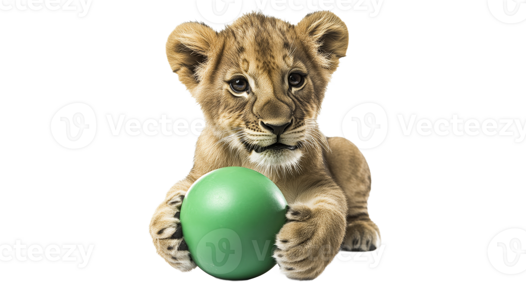 Cute lion cub playing with a green ball indoors png