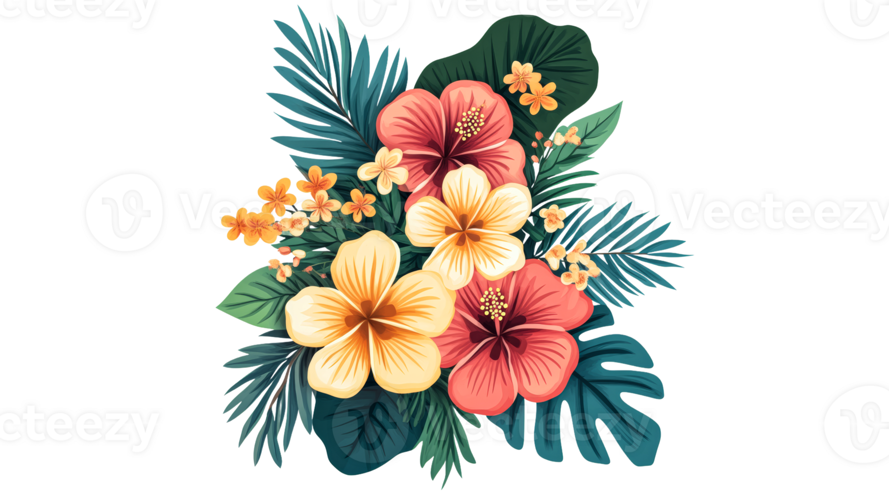 Colorful tropical flower arrangement with leaves png