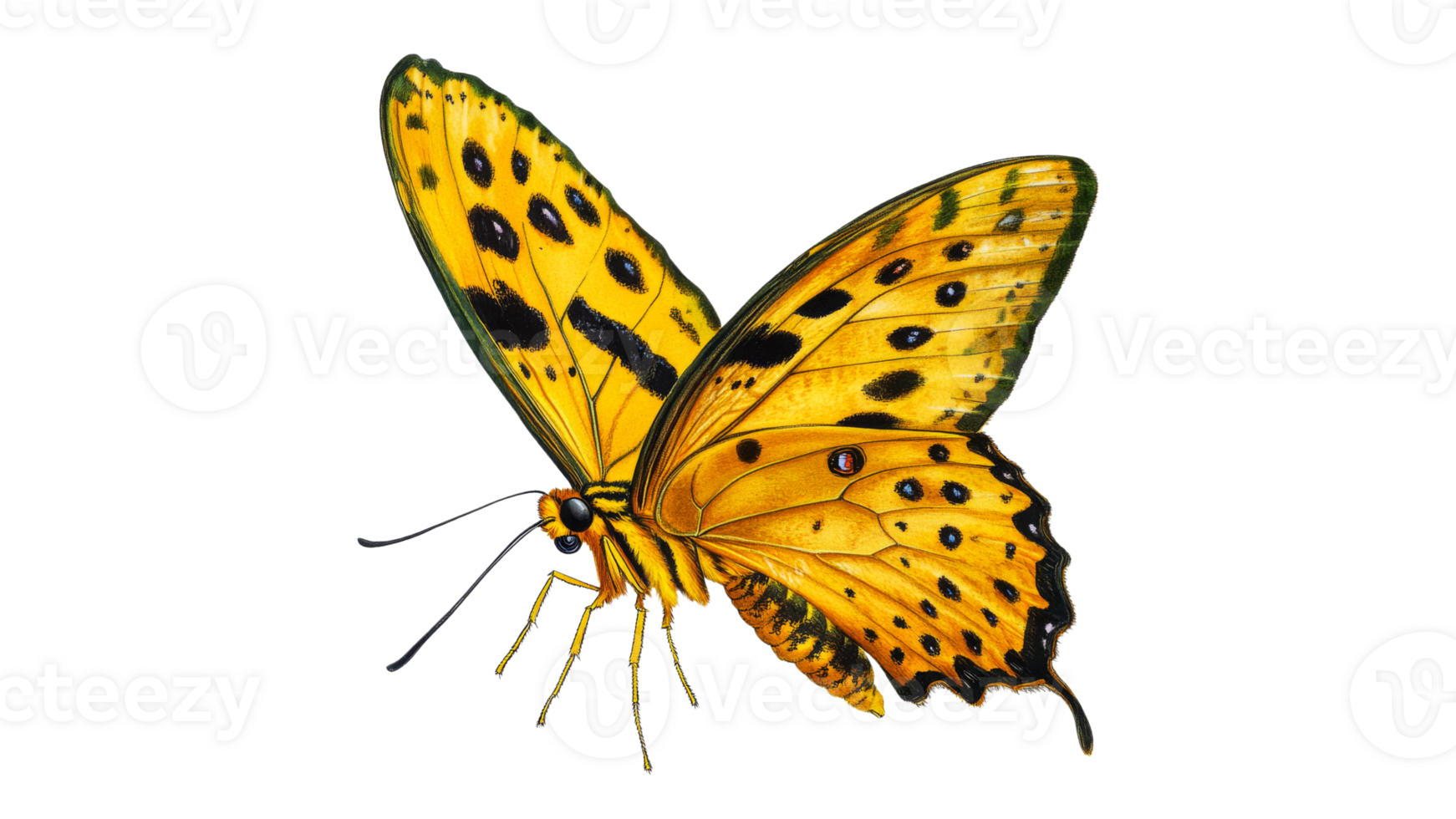 Bright yellow butterfly with black spots in detail png