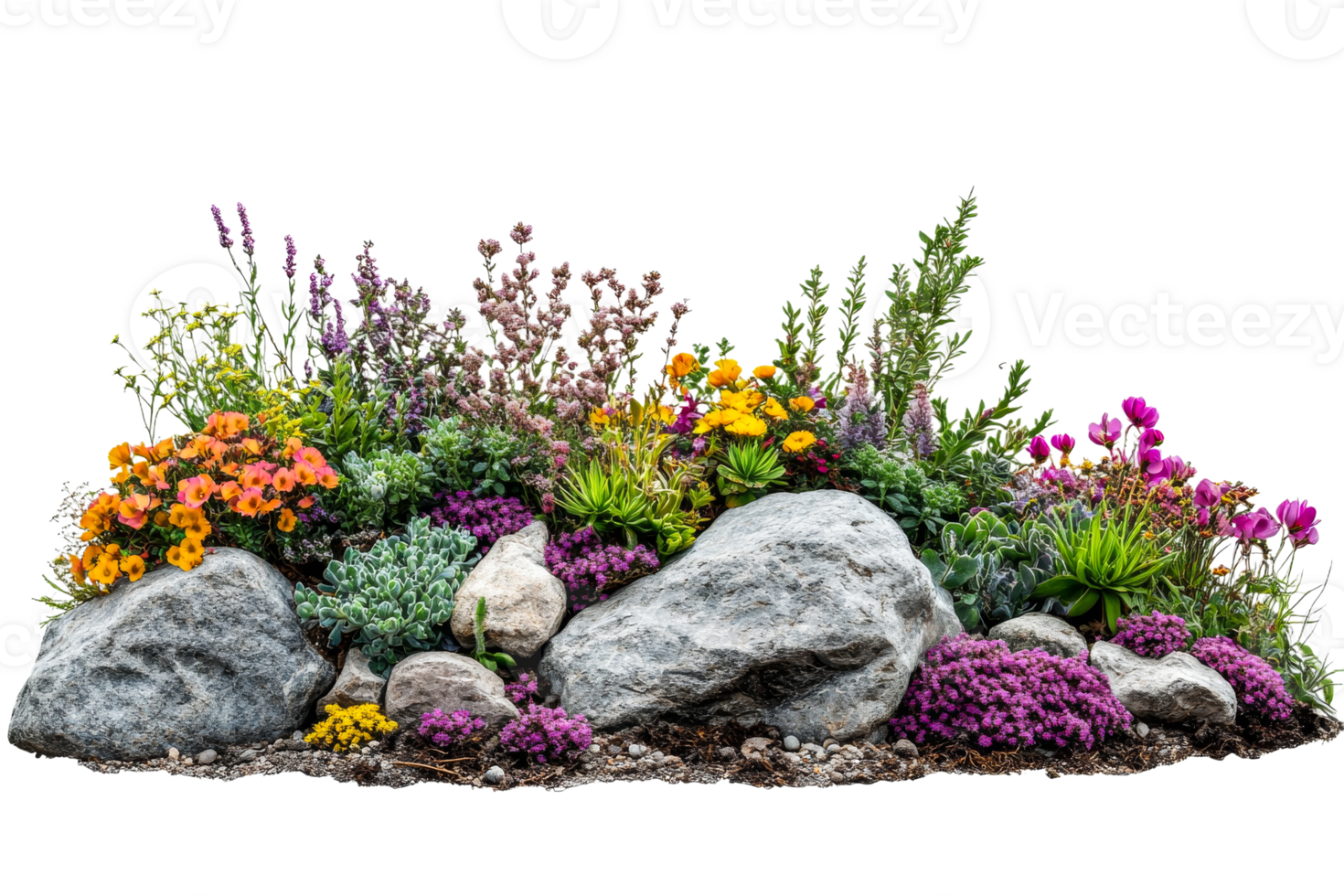 Vibrant rock garden with flowers png