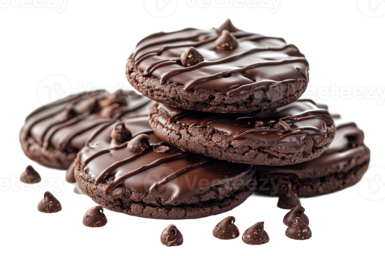 Delicious chocolate cookies stacked on a table png