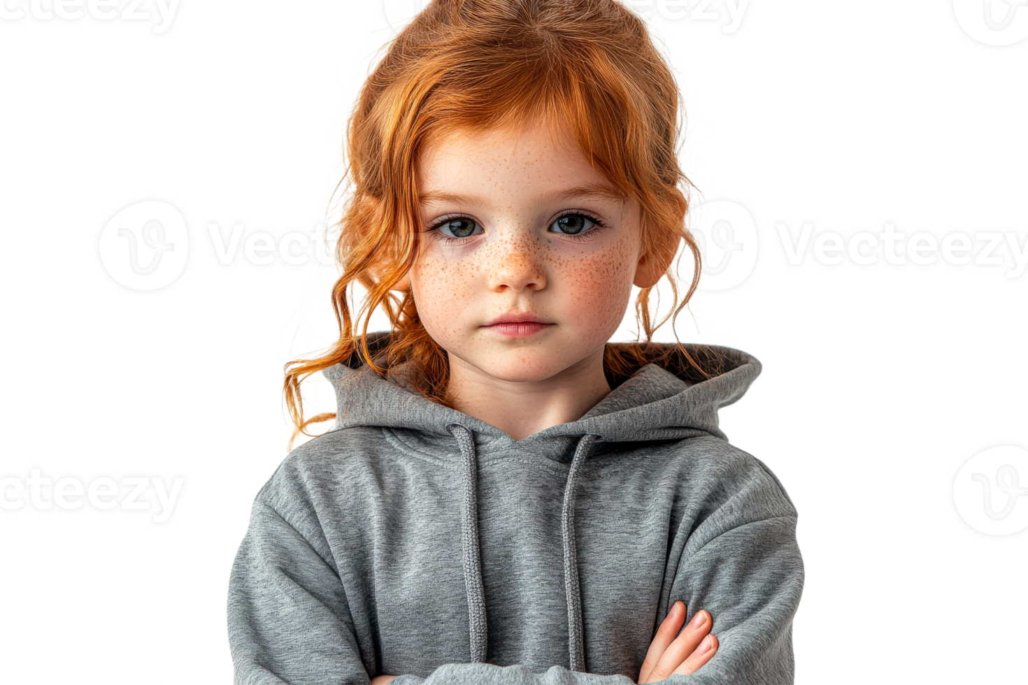 Girl with red hair, freckles, grey hoodie png