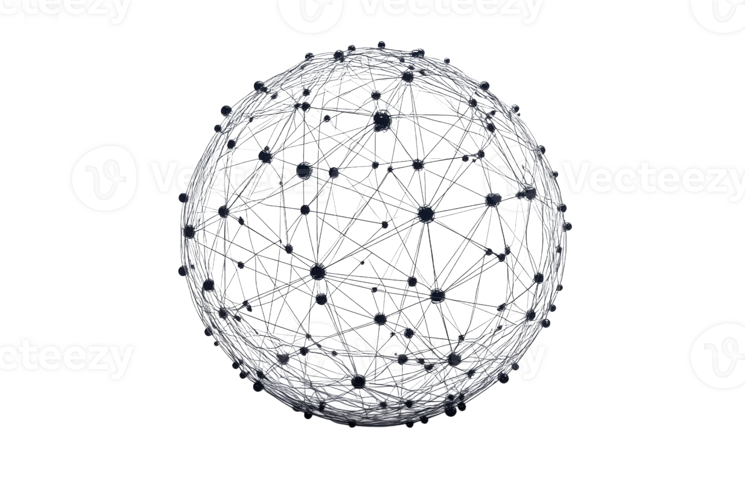 Network of interconnected nodes forming a sphere on transparent png