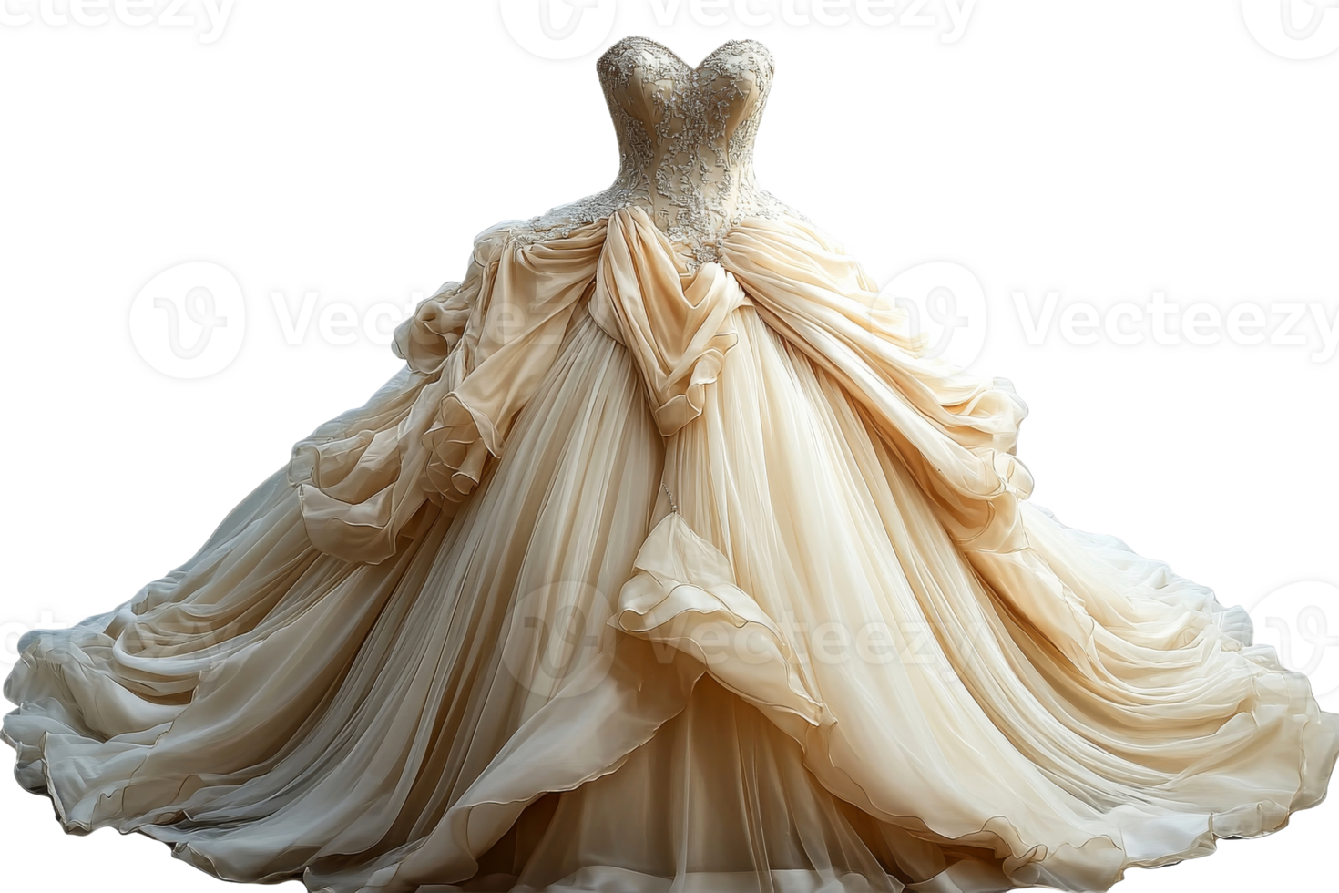 Elegant bridal gown with intricate draping details png